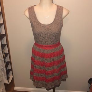 Francesca’s Brown Red Lace Striped Dress. Size Med